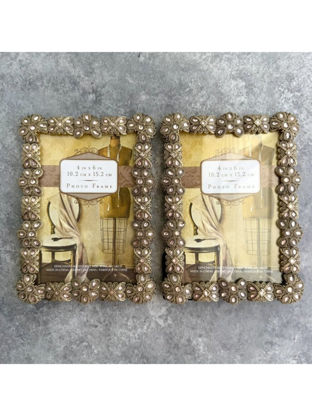 Ornate Metal 4 x 6 Picture Frame Gold Pink Gems Jeweled Floral Filigree Set Of 2